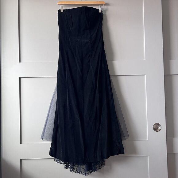 Strapless Velvet Lace Dress Womens XS Black Blue Tulle Bow Evening Formal - Picture 2 of 16